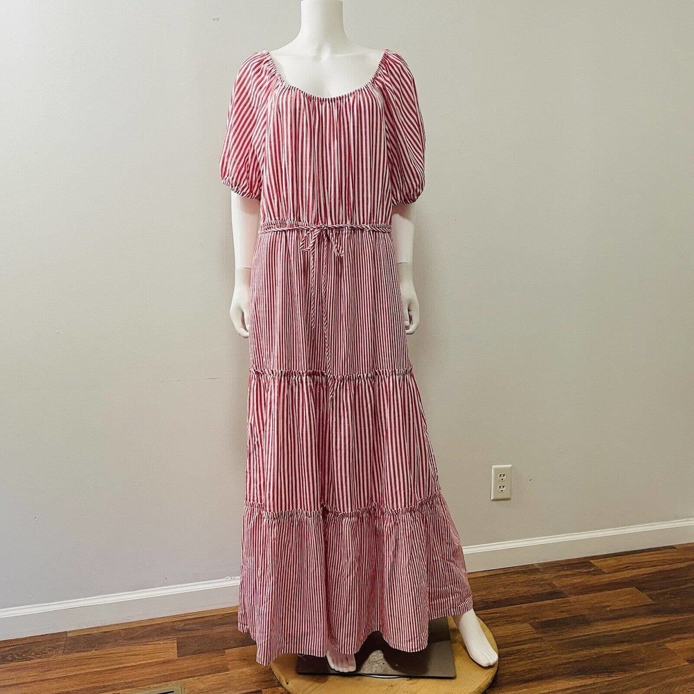 Draper James RSVP XL Maxi Dress Red White Stripe Tiered Short Sleeve Wide Neck